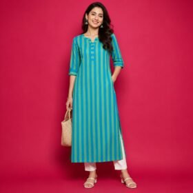 Women’s Blue & Green Striped Cotton Kurti