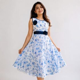 Elegant Blue Floral Sleeveless Party Wear Dress for Girls