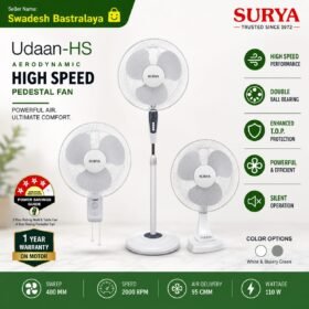 Surya Udaan-HS High Speed Pedestal Fan | Wall Fan | Table Fan | 2000 RPM | Double Ball Bearing