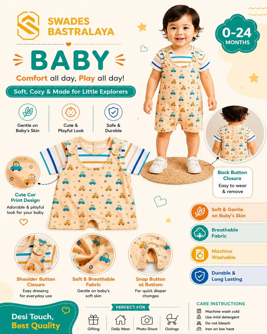 Cute Baby Cotton Romper with Car Print | Breathable Baby Clothing for Boys & Girls