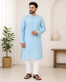 Premium Printed Men's Kurta Sky Blue