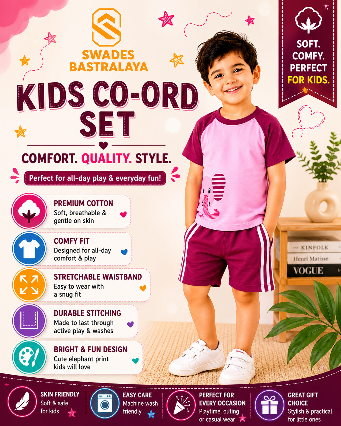 Comfortable Kids Cotton Clothing Set with Elephant Print Design