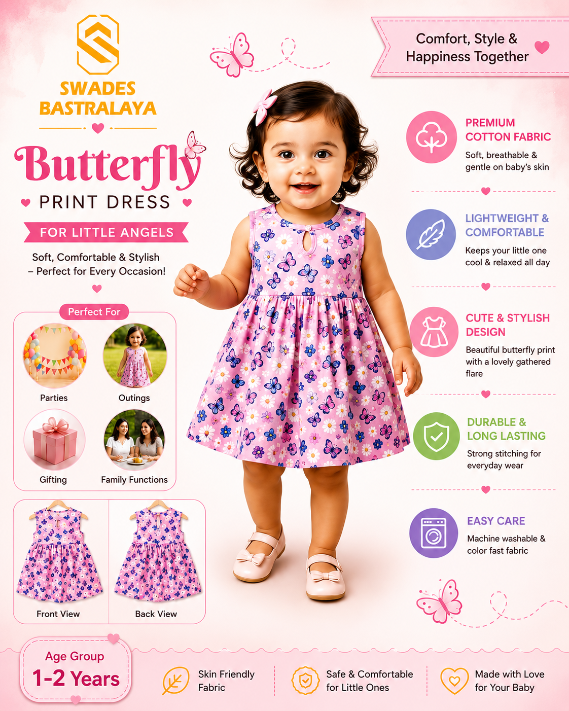 Girls Butterfly Print Summer Dress Premium Cotton Kids Party Wear by Swades Bastralaya