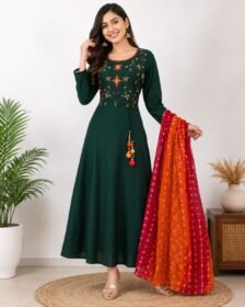 Bottle Green Embroidered Anarkali Suit for Women