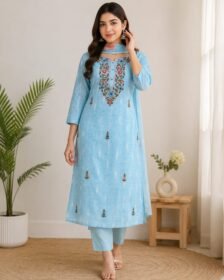 Sky Blue Embroidered Kurta Set for Women