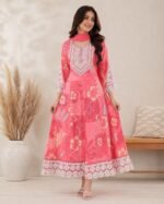 Pink Floral Embroidered Anarkali Kurta Set for Women