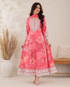 Pink Floral Embroidered Anarkali Kurta Set for Women