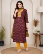 Maroon Ikat Print Kurta Set Front View