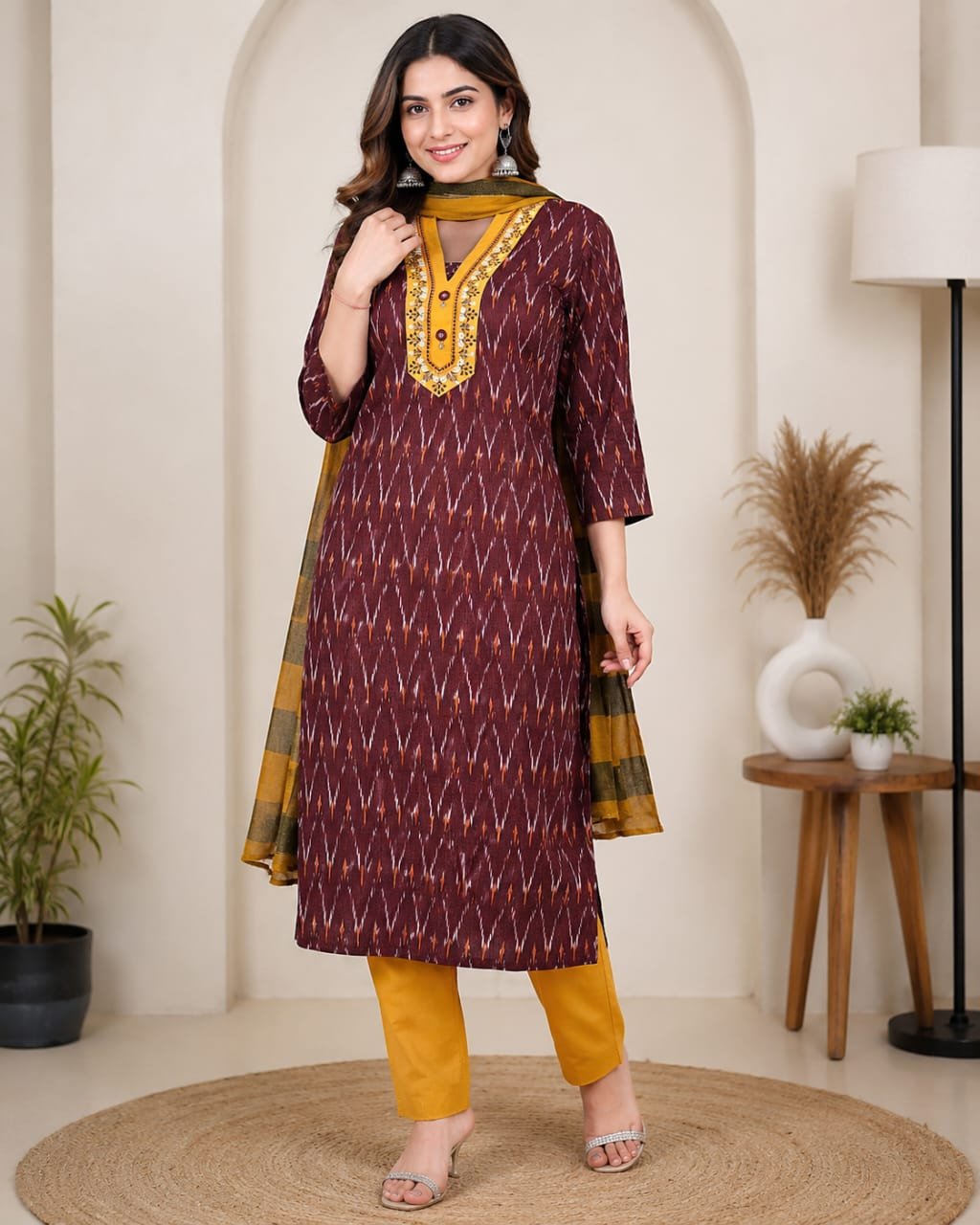 WhatsApp Image 2026-06-18 at 12.37.51 Maroon Ikat Print Kurta Set Front View