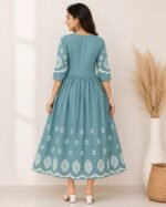 Back View of Teal Embroidered Kurti Dress for Women with Elegant Embroidery Pattern