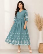 Teal Embroidered Kurti Dress for Women Front View with Fit and Flare Design