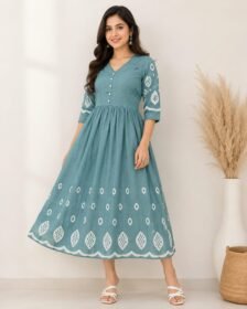 Teal Embroidered Kurti Dress for Women Front View with Fit and Flare Design