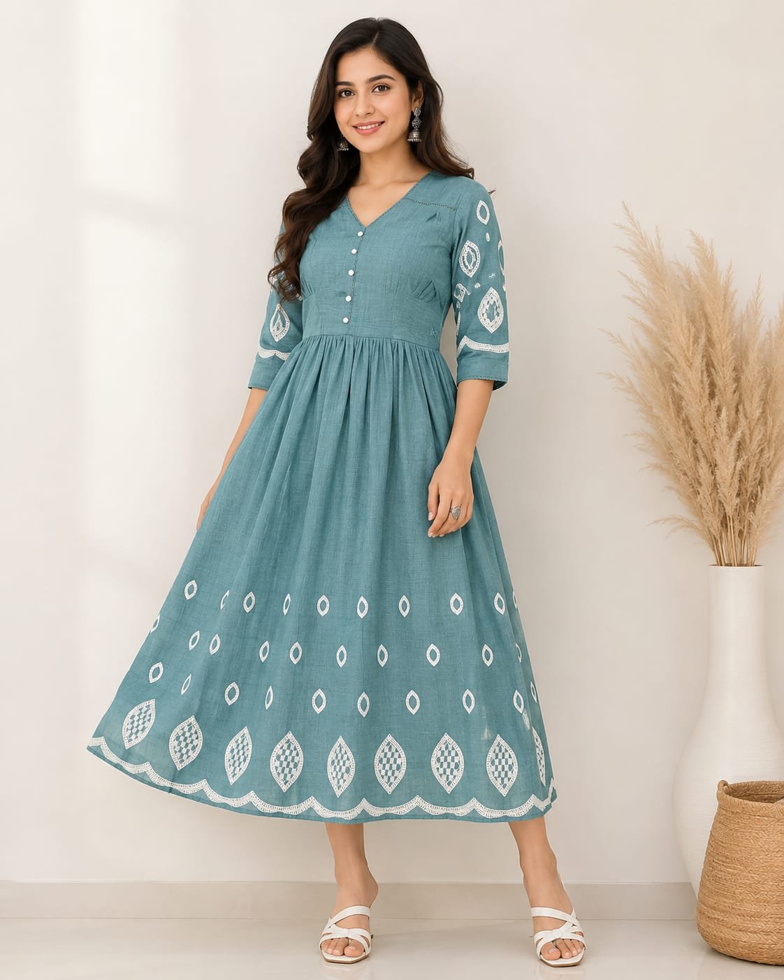 WhatsApp Image 2026-06-18 at 12.49.25 (2) Teal Embroidered Kurti Dress for Women Front View with Fit and Flare Design