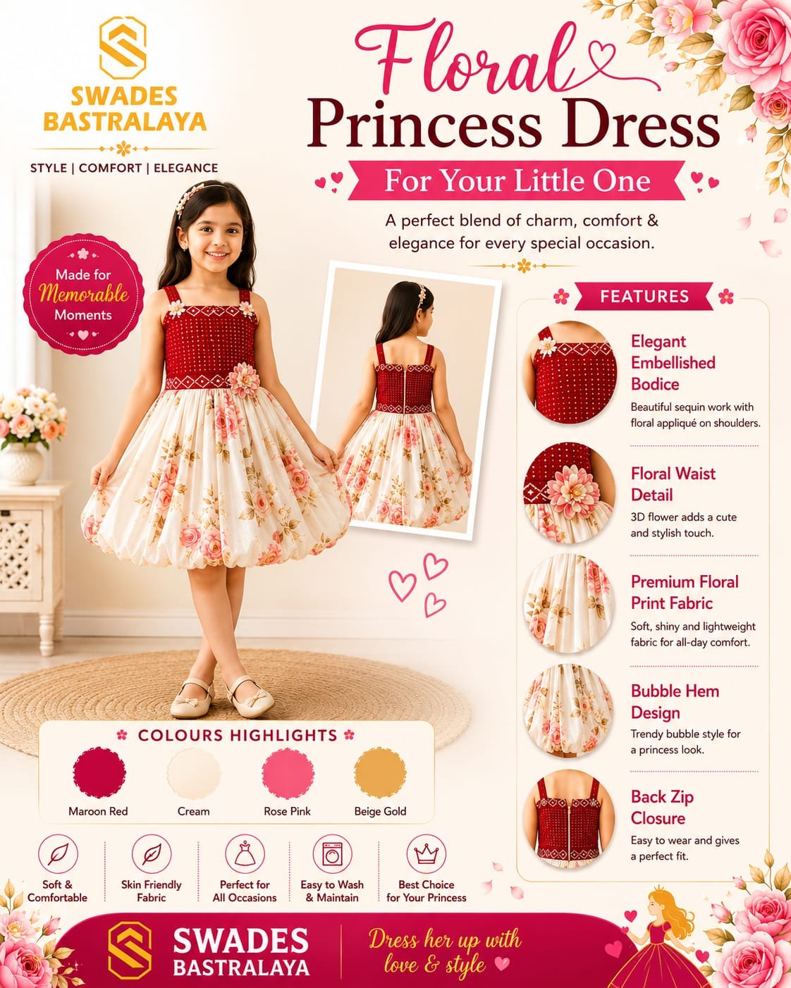 Premium Floral Printed Princess Dress for Girls