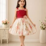 Girls Floral Princess Dress Maroon Red Cream Party Wear Dress