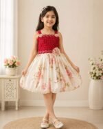 Girls Floral Princess Dress Maroon Red Cream Party Wear Dress