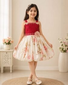 Girls Floral Princess Dress Maroon Red Cream Party Wear Dress