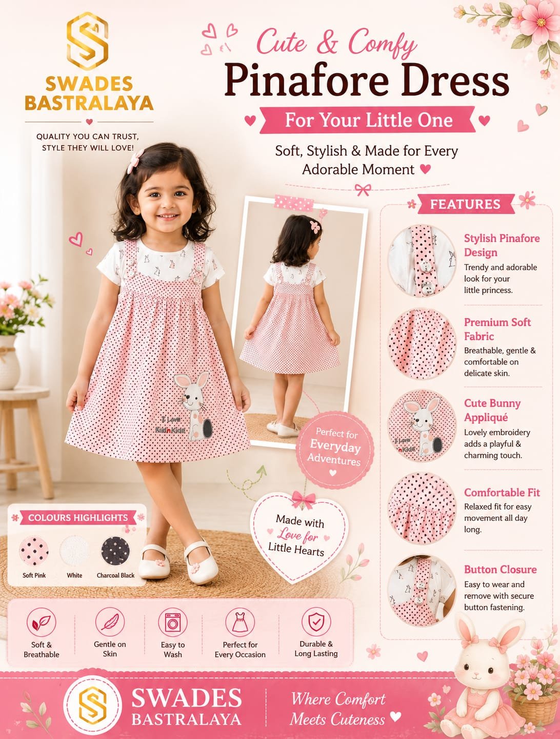 Premium Soft Fabric Girls Pinafore Dress with Polka Dot Pattern