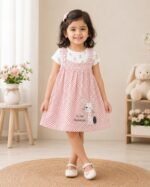 Girls Pinafore Dress for Little Girls in Soft Pink Color with Cute Bunny Design