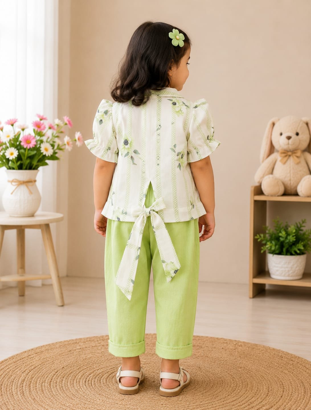 Kids Floral Co-Ord Set for Girls Soft Green Floral Printed Outfit Premium Breathable Comfortable Daily Wear