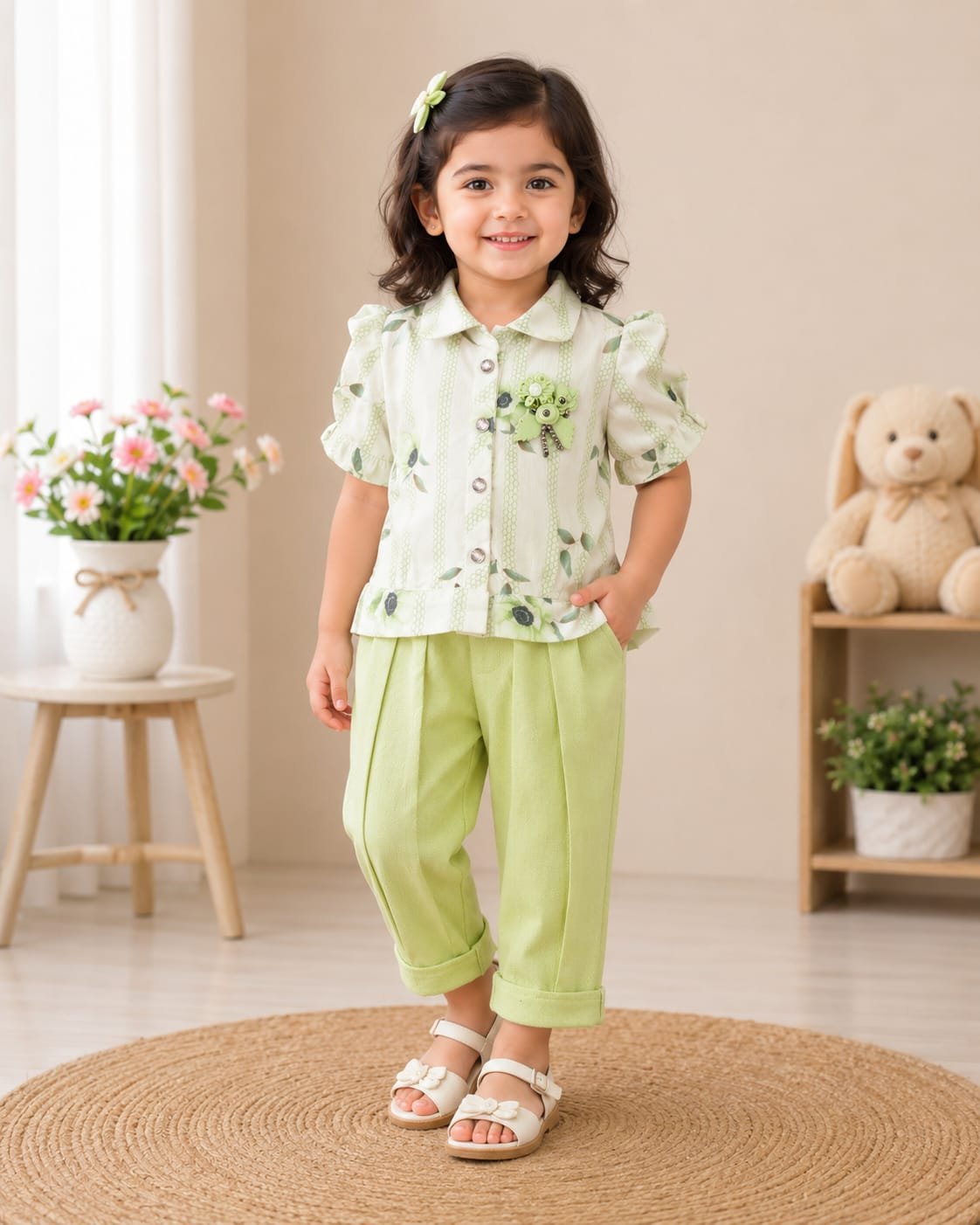 Kids Floral Co-Ord Set for Girls Soft Green Premium Outfit