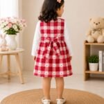 Girls Red Check Dress with Heart Print and Bow Tie Detail