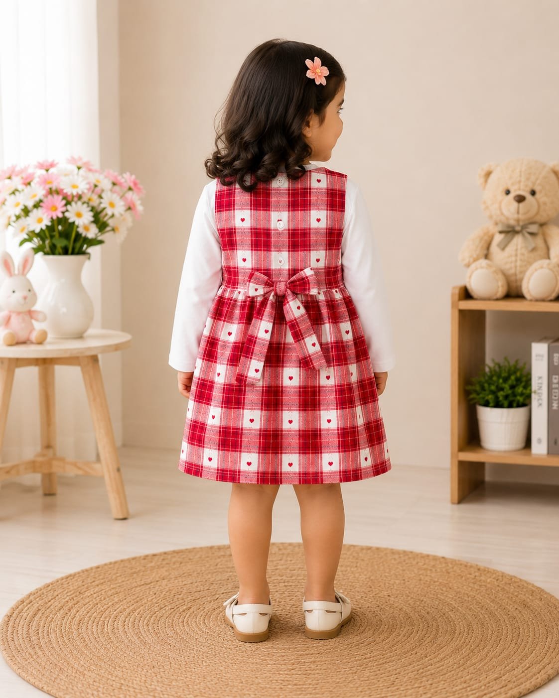 Girls Red Check Dress with Heart Print and Bow Tie Detail