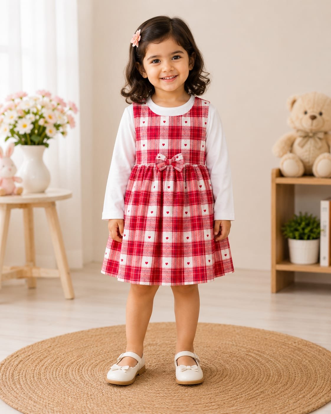 Girls Red Check Dress with Bow Tie Detail