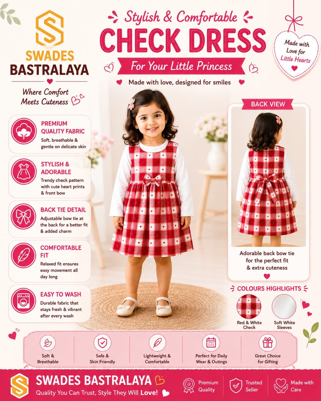 Stylish Red Check Dress for Girls with Premium Fabric and Comfortable Fit.