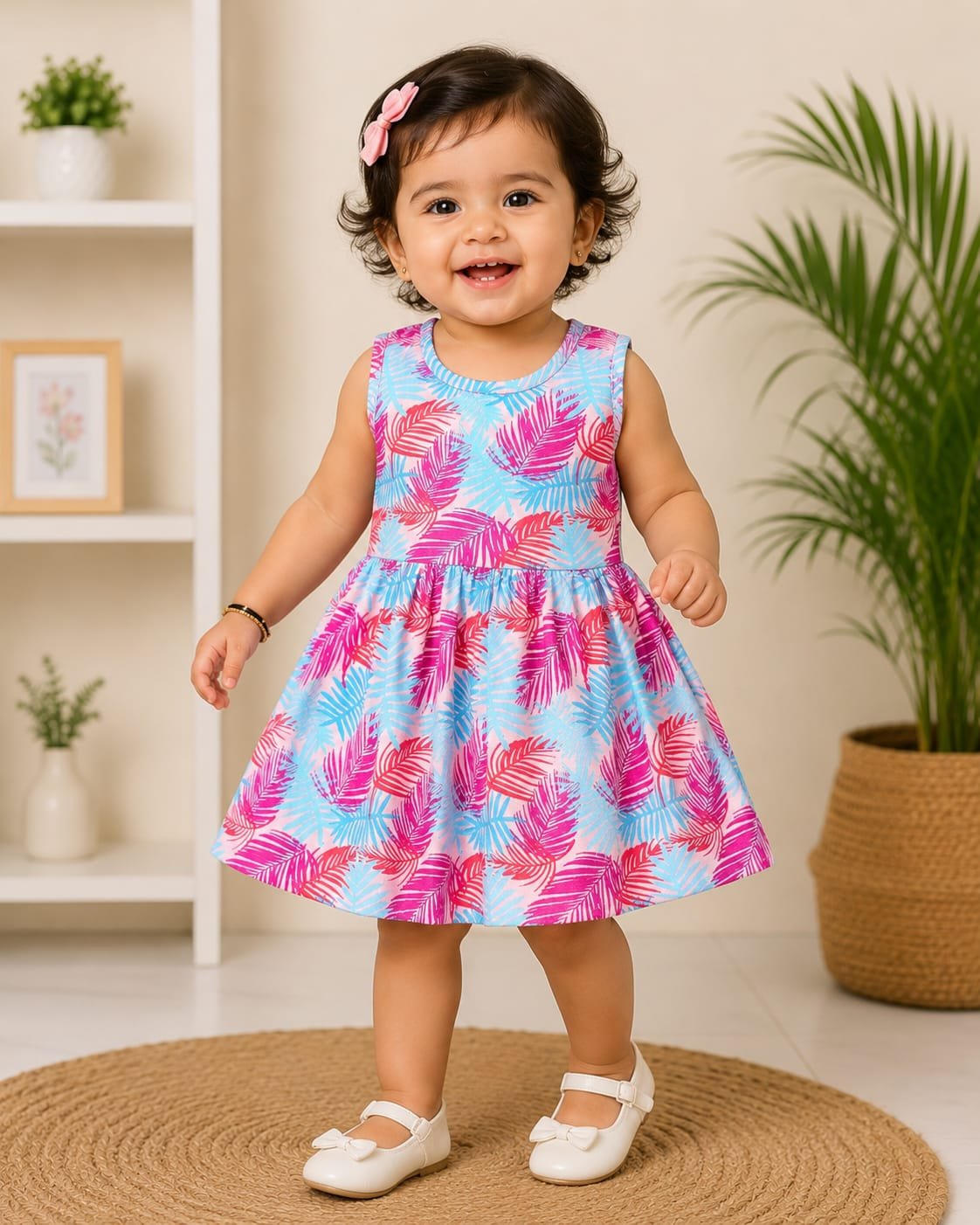 WhatsApp Image 2026-06-25 at 16.28.45 (1) Premium Tropical Leaf Baby Girl Dress Soft Cotton Sleeveless Summer Frock