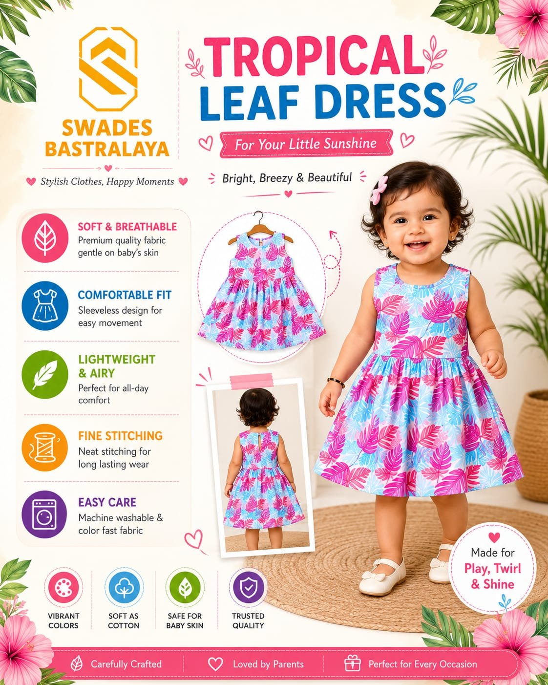 WhatsApp Image 2026-06-25 at 16.28.45 Girls Tropical Leaf Summer Dress Premium Cotton Kids Party Wear by Swades Bastralaya