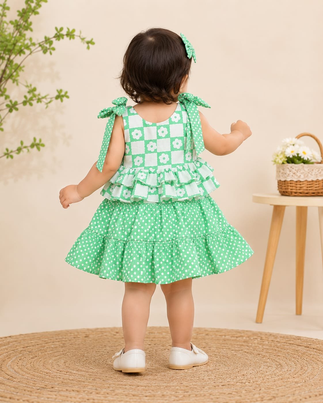 WhatsApp Image 2026-06-25 at 16.58.10 Cute Green Floral Cotton Dress with Adjustable Shoulder Tie for Baby Girls