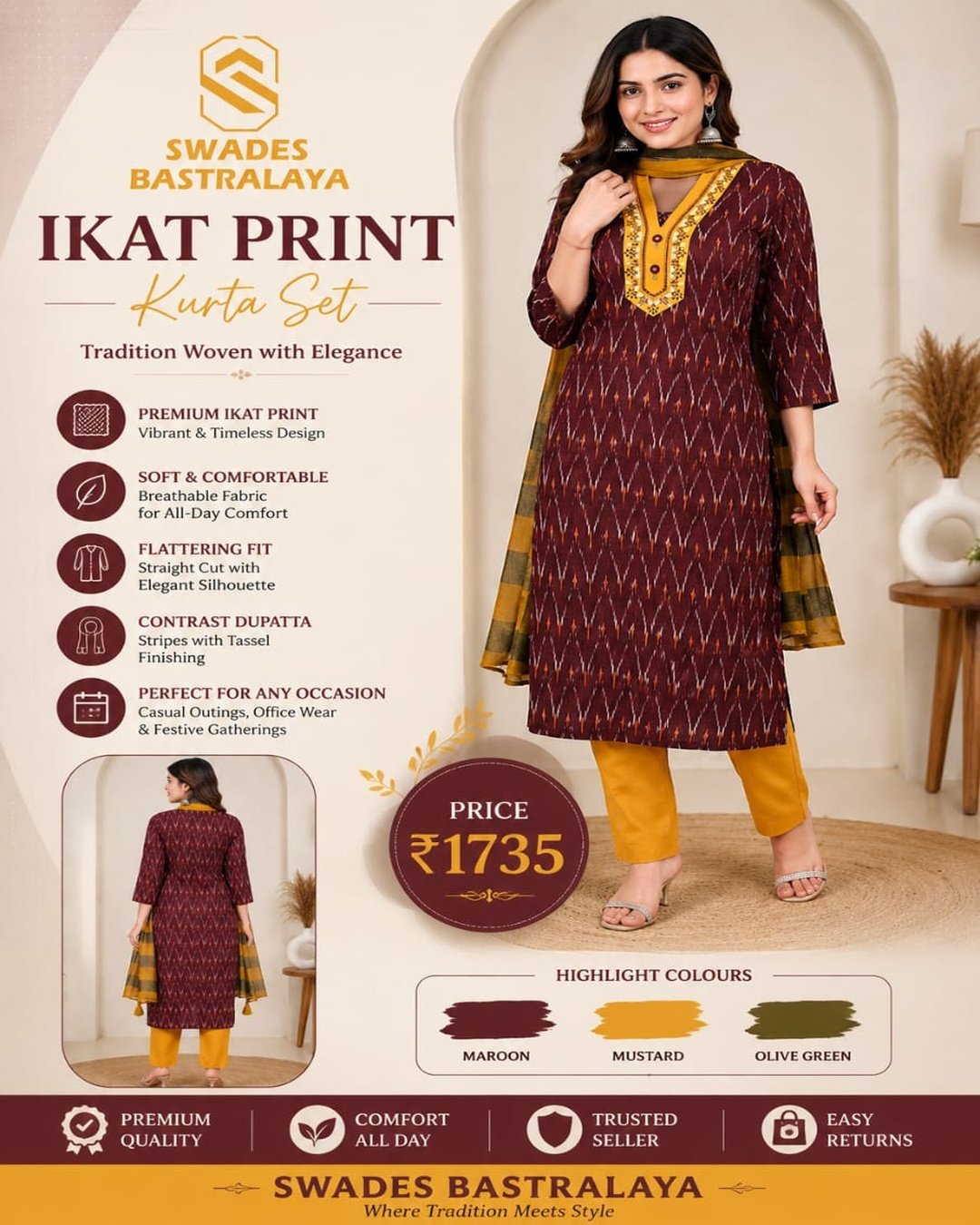 ikat_kurta_set_1080x1350 Maroon Ikat Print Kurta Set Detail View