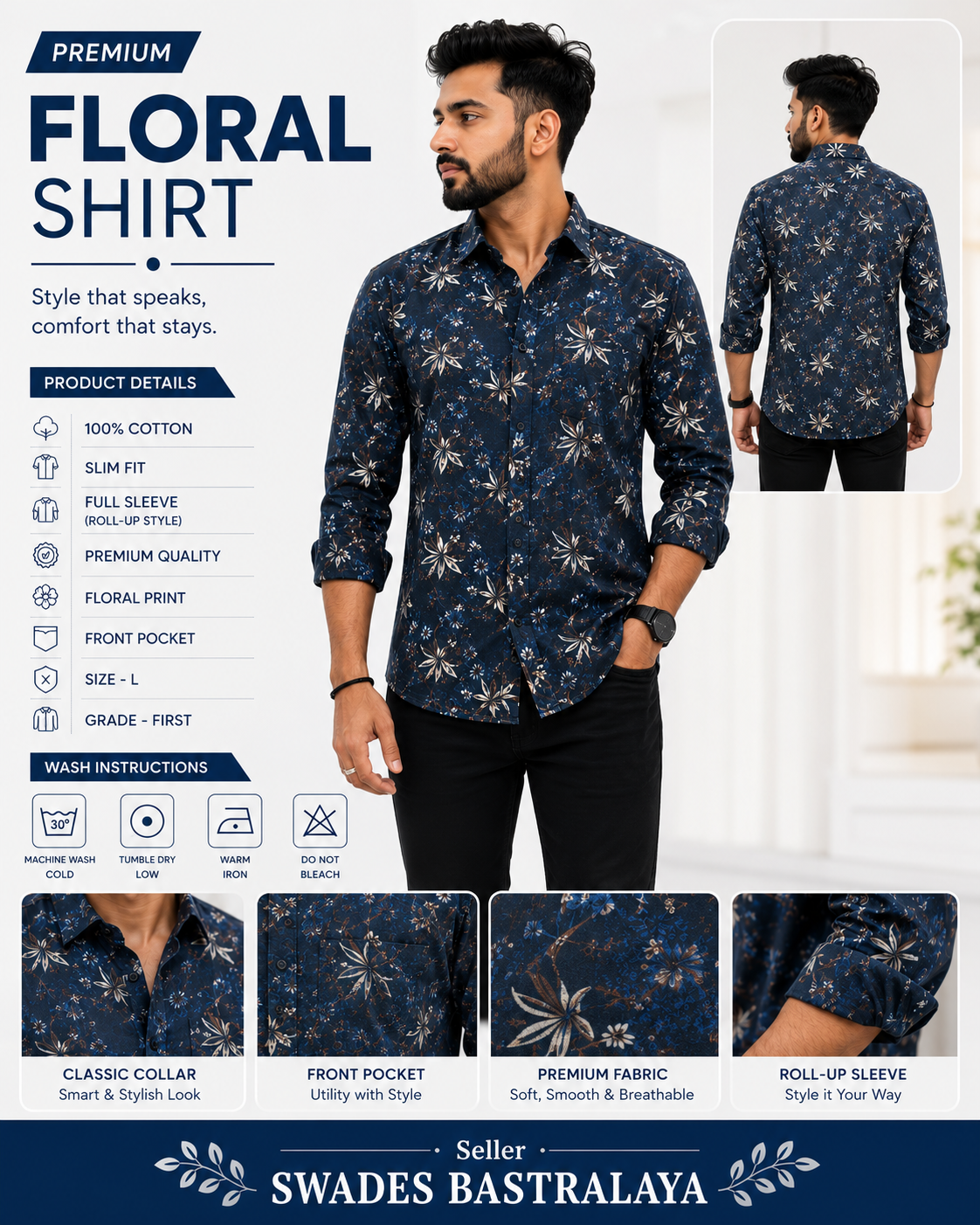 64917ffa-9645-42c6-b09b-a5b0321211a3 Men’s Premium Dark Blue Botanical Printed Shirt