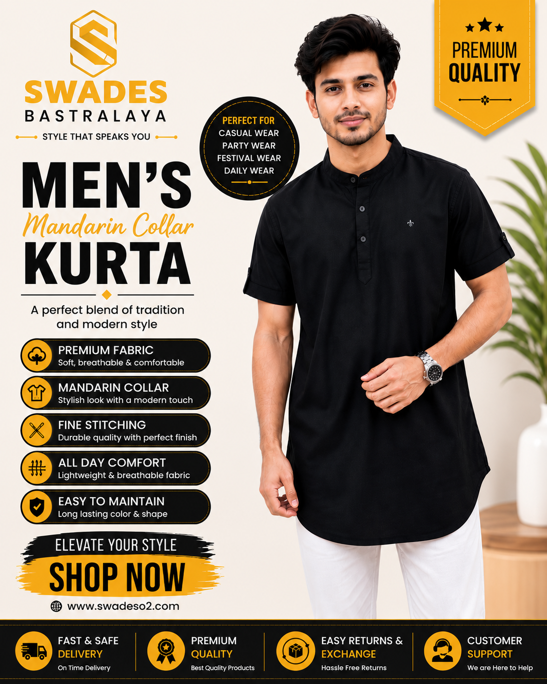 ChatGPT Image Jul 1, 2026, 11_05_44 AM Premium Men's Black Ethnic Kurta with Mandarin Collar Comfortable Regular Fit Half Sleeve