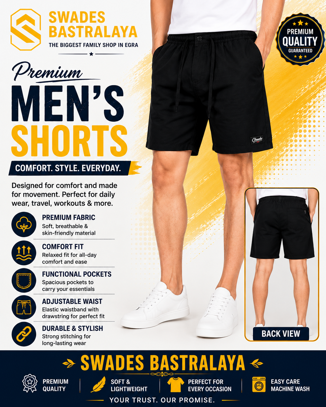 Men’s black comfort fit shorts with functional pockets for daily wear