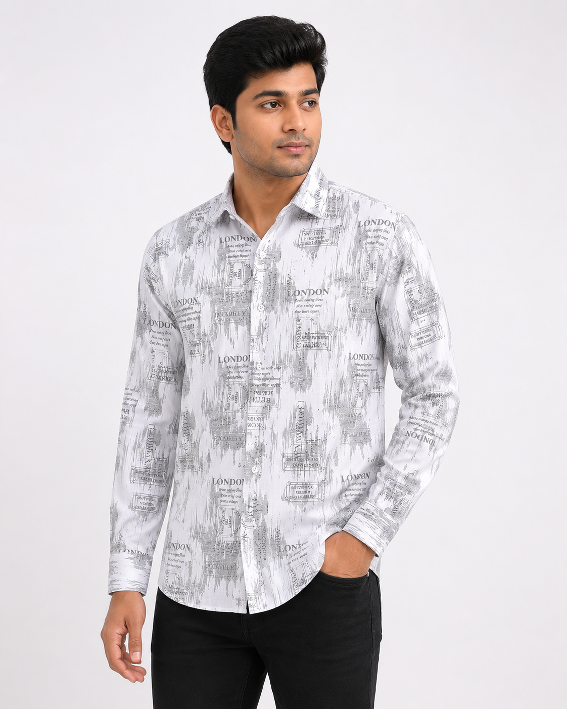 Men’s White Grey Printed Shirt Front View