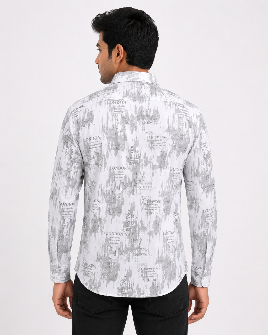 Men’s White Grey Printed Full Sleeve Shirt Back View