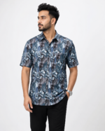 Men’s Blue Grey Floral Printed Shirt Front View
