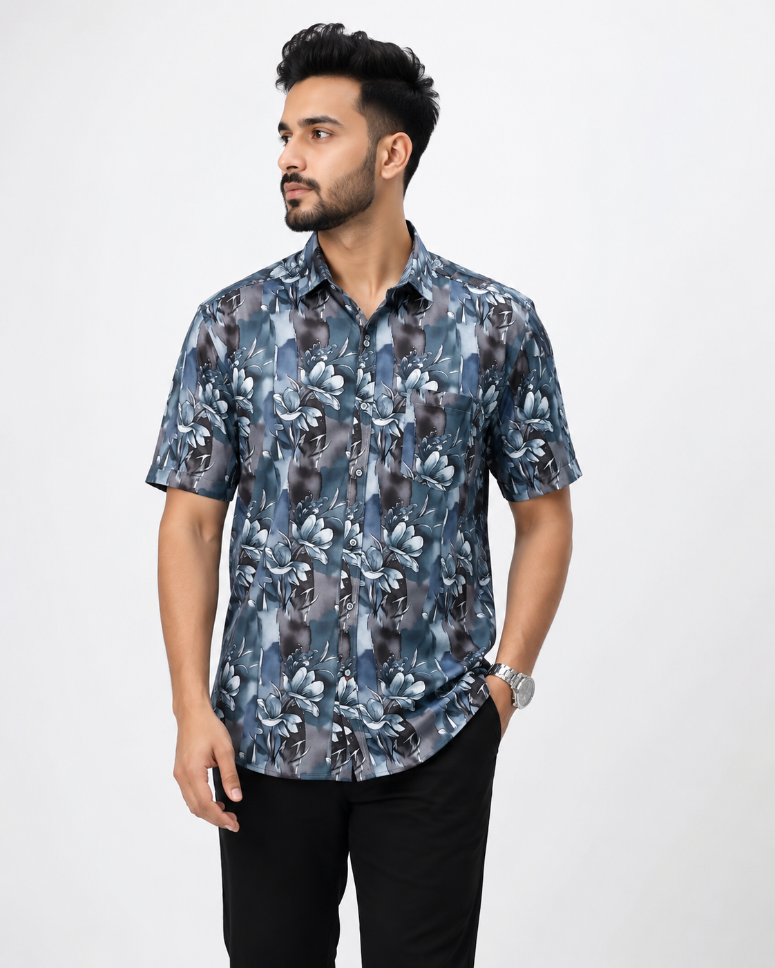 ChatGPT Image Jul 13, 2026, 10_28_57 AM Men’s Blue Grey Floral Printed Shirt Front View