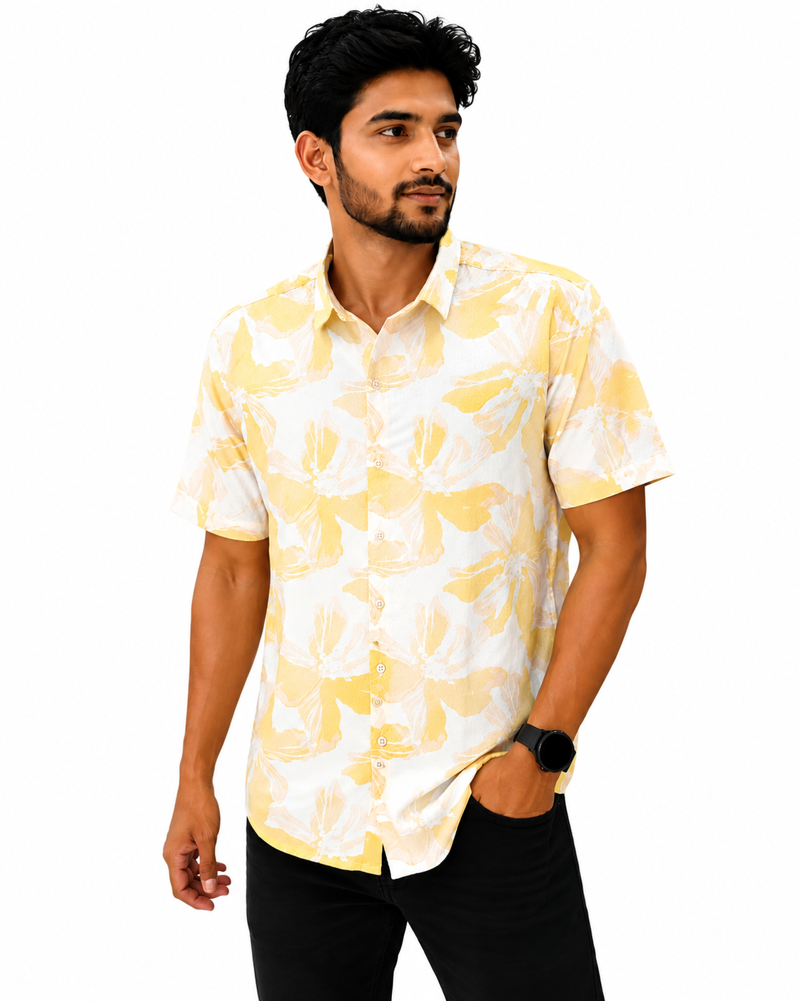 ChatGPT Image Jul 14, 2026, 02_29_46 PM Premium Yellow Printed Slim Fit Shirt Front View