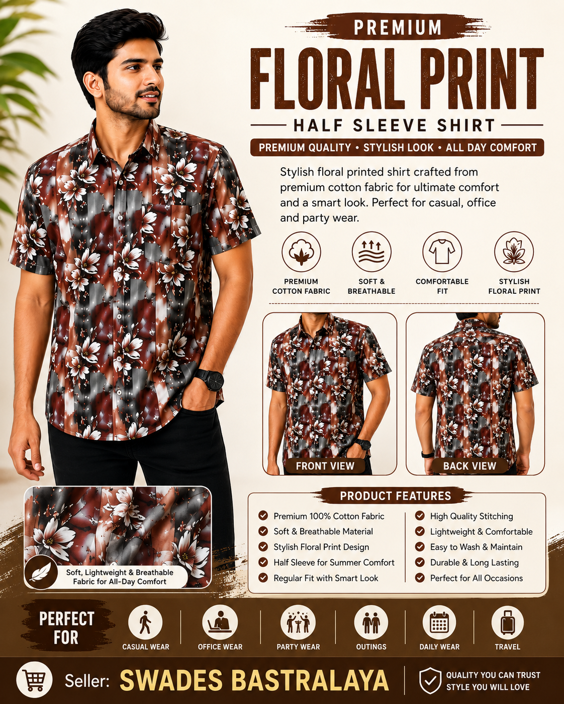 ChatGPT Image Jul 14, 2026, 03_34_19 PM Premium Brown Floral Printed Shirt for Men
