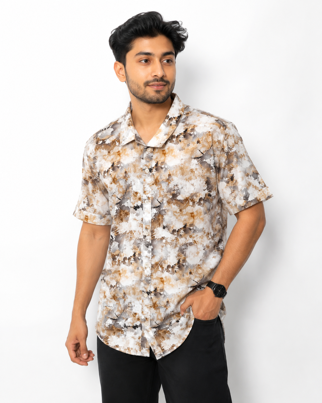 ChatGPT Image Jul 14, 2026, 12_33_17 PM Premium Brown Printed Slim Fit Shirt Front View