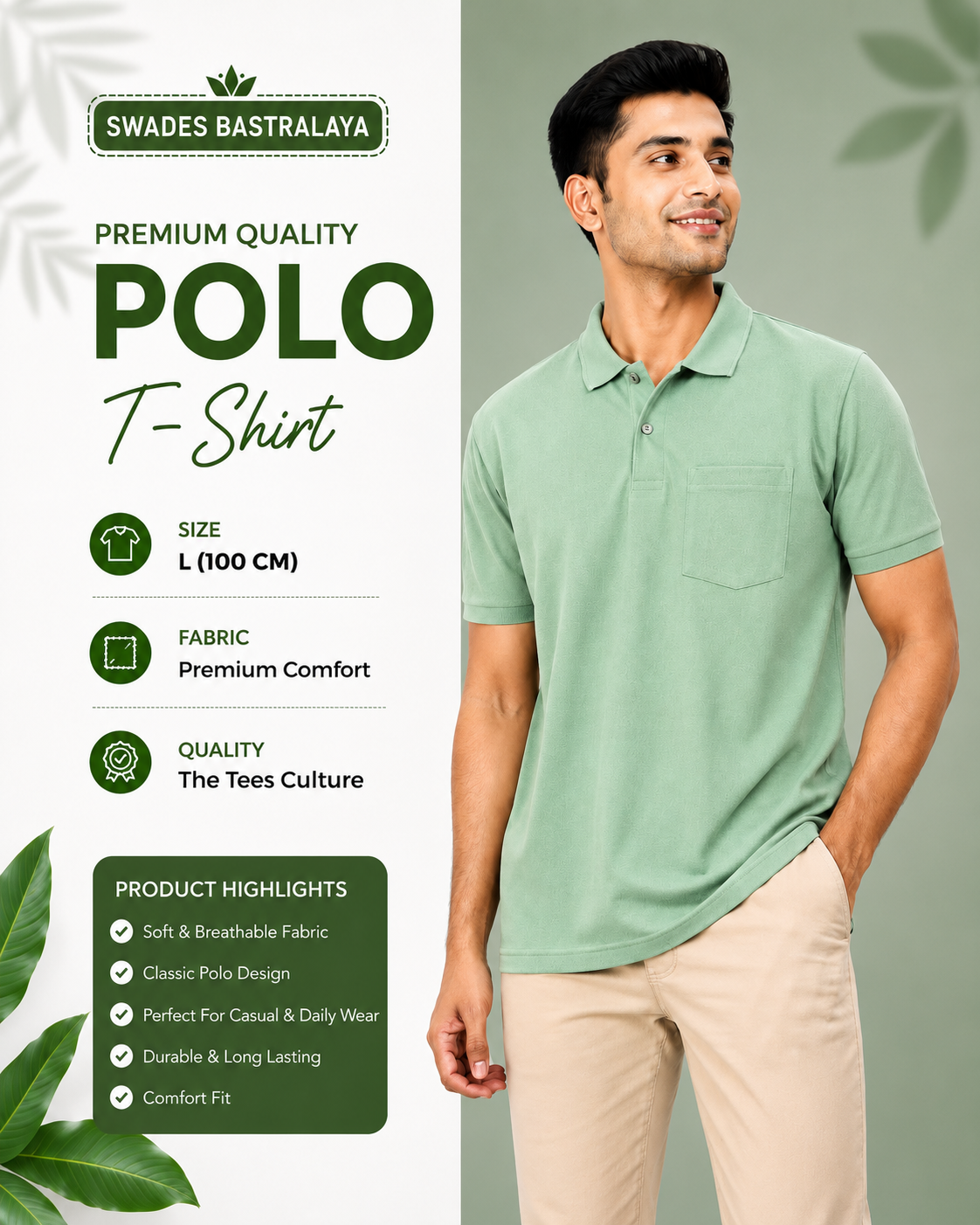 ChatGPT Image Jul 17, 2026, 05_20_58 PM Men's Mint Green Cotton Blend Polo T-Shirt Casual Wear by Swades Bastralaya
