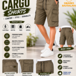 Men’s olive green cargo shorts with multiple pockets and elastic waistband