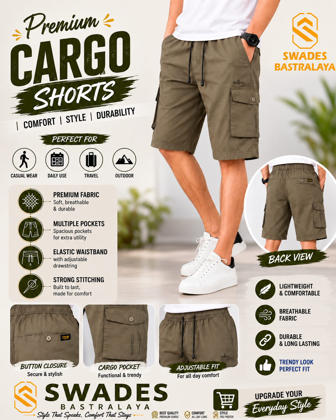 Men’s olive green cargo shorts with multiple pockets and elastic waistband