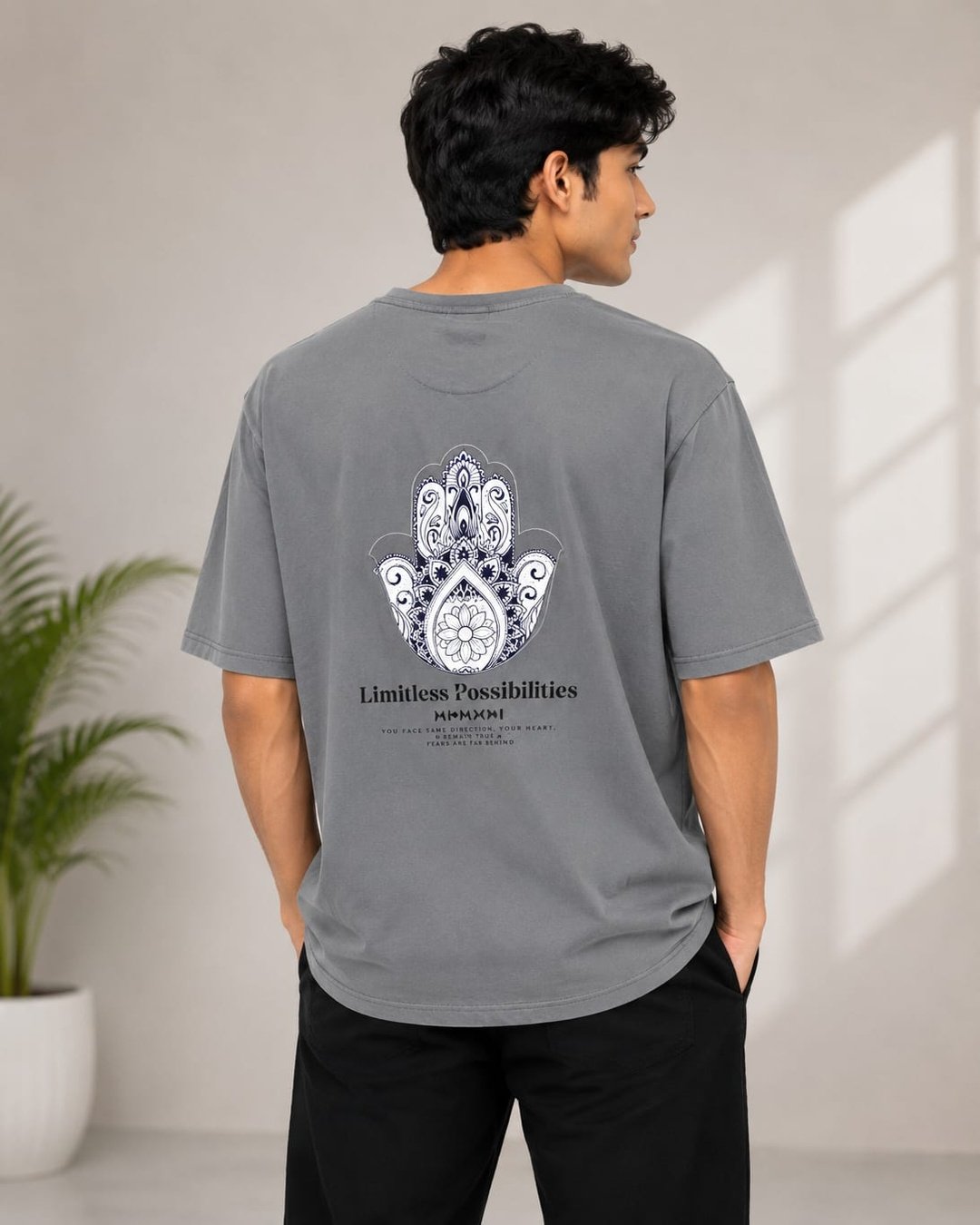 Premium Men's Grey Oversized Graphic T-Shirt Back View