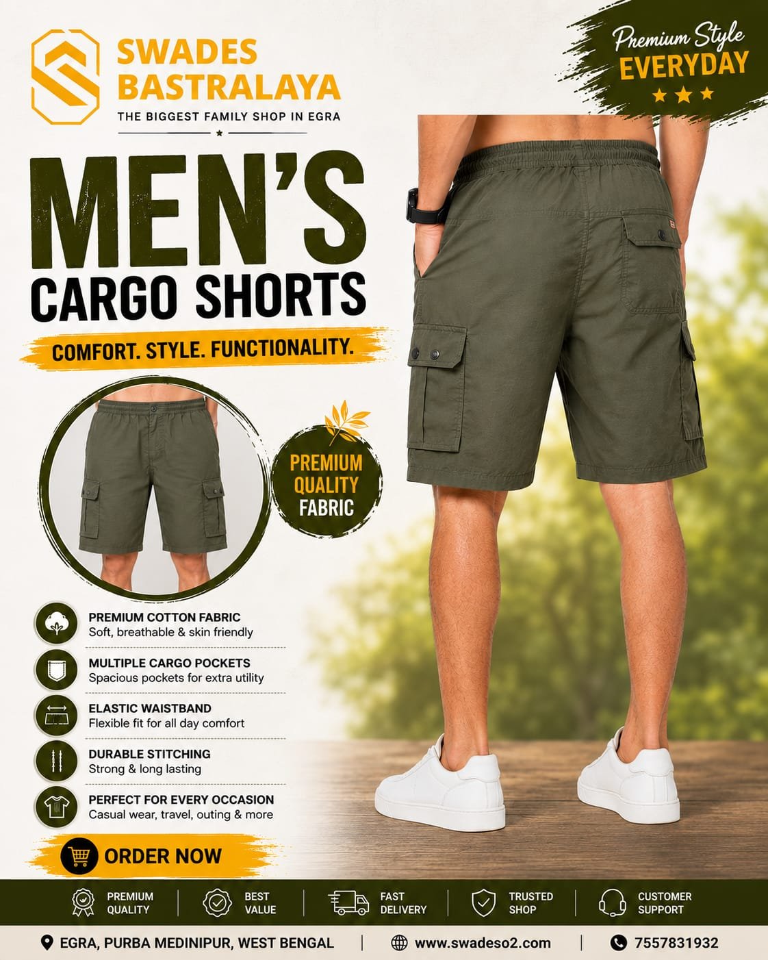WhatsApp Image 2026-06-29 at 11.17.05 (1) Stylish Men's Olive Green Cargo Shorts Regular Fit Casual Travel Outdoor Wear