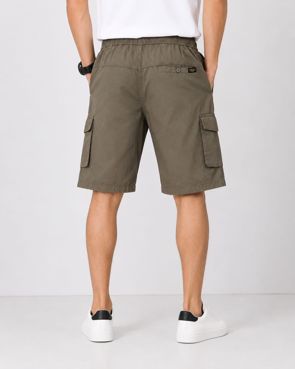 Premium cargo shorts for men back view with button closure and pocket detail
