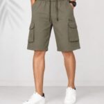 Premium Men’s Cargo Shorts olive green front view with adjustable drawstring